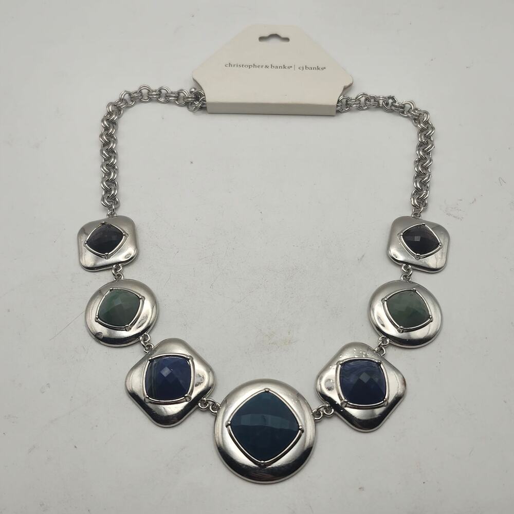 Christopher Banks CJ Silver Tone Blue Green Black Faceted Geometric Bib Necklace